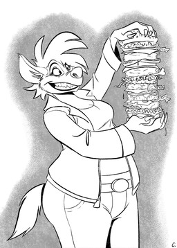anthro belt belt_buckle bone bottomwear buckle burger claws clenched_teeth clothed clothing fangs female food fur hair holding_burger holding_food holding_object inner_ear_fluff jacket pants shirt smile solo standing tail teeth topwear tuft convexpert disney the_lion_king shenzi_(the_lion_king) hyena mammal 2025 hi_res signature