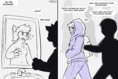 anthro backpack breasts clothing dialogue female fur fur_growth gender_transformation group growth hoodie human_to_anthro mid_transformation mirror mtf_transformation navel profanity sink slow_transformation small_breasts solo_focus species_transformation speech_bubble surprised text topwear transformation x-ray_view nulloffset nintendo pokemon braixen canid canine generation_6_pokemon human mammal pokemon_(species) comic english_text hi_res spot_color