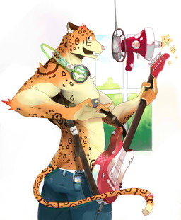 anthro biceps blue_eyes bottomwear clothed clothing ear_piercing electric_guitar electronics fur guitar headphones male markings megaphone microphone muscular muscular_anthro muscular_male music musical_instrument pants pecs piercing playing_guitar playing_music plucked_string_instrument pose singing solo string_instrument tail topless underwear window ondoteiko felid leopard mammal pantherine absurd_res hi_res