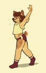 anthro bottomwear chest_tuft clothing countershading femboy footwear hotpants male musk musk_clouds navel pose raised_arms shadow shorts simple_background socks solo tail tongue tongue_out tuft walking goopystem_(artist) kipper_(goopystem) domestic_cat felid feline felis mammal 2024 hi_res