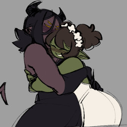 2_horns 4_eyes armwear black_armwear black_clothing black_dress black_elbow_gloves black_gloves black_hair black_handwear blush blush_lines brown_hair clothed clothing dark_hair dress duo elbow_gloves eyes_closed female female/female fingers gloves green_body green_ears green_face green_skin grey_background hair handwear horn hug humanoid_pointy_ears married_couple multi_eye pointy_ears purple_body purple_ears purple_face purple_skin simple_background smile spade_tail tail tied_hair wedding wedding_dress white_clothing white_dress rekkadraws eris_(rekkadraws) goblin_girl_(rekkadraws) demon demon_humanoid goblin humanoid 2024 digital_drawing_(artwork) digital_media_(artwork) portrait three-quarter_portrait