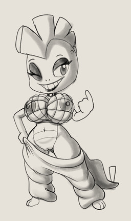 anthro beckoning big_breasts bottomwear breasts clothing female fishnet_clothing fishnet_shirt fishnet_topwear genitals gesture holding_bottomwear holding_clothing holding_object holding_pants looking_at_viewer nipples pants pokemorph sagging_pants shirt shortstack solo topwear vulva fourssss nintendo pokemon generation_5_pokemon lizard pokemon_(species) reptile scalie scrafty hi_res sketch