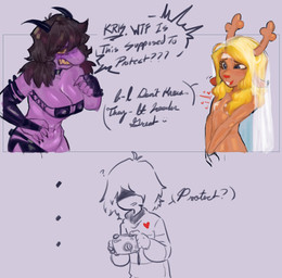 2_horns 2_panel_comic 5_fingers angry anthro antlers armwear black_armwear black_bra black_choker black_clothing black_elbow_gloves black_fingerless_gloves black_gloves black_hair black_handwear black_jewelry black_legwear black_necklace black_underwear blonde_hair bra breasts brown_body buckteeth camera choker clenched_teeth clothed clothing dialogue elbow_gloves ellipsis emoticon eyebrow_through_hair eyebrows eyelashes fake_horns female fingerless_gloves fingers flash_bubble freckled_face freckles gloves grey_background group hair hair_over_eyes handwear heart_reaction holding_camera holding_object horn humanoid_hands jewelry legwear long_hair looking_at_viewer male male/female medium_breasts mostly_nude navel necklace open_mouth pasties pattern_clothing pattern_sweater pattern_topwear pupils purple_body question_mark red_nose sharp_teeth simple_background skimpy small_breasts snout standing striped_clothing striped_sweater striped_topwear stripes sweater talking_to_another teeth text topwear translucent translucent_hair trio underwear veil white_pasties yellow_sclera yellow_teeth deadwife deltarune undertale_(series) kris_dreemurr noelle_holiday susie_(deltarune) deer human mammal new_world_deer reindeer reptile scalie soul_(undertale) 2025 absurd_res comic digital_media_(artwork) english_text hi_res shaded