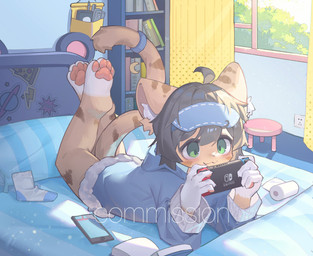 :3 ambiguous_gender anthro bed bedroom bottomless clothed clothing furniture gaming green_eyes hand_pawpads holding_nintendo_switch inside kemono lying on_bed on_front pawpads playing_video_game solo visor window young young_anthro emolga_1 nintendo nintendo_switch domestic_cat felid feline felis mammal 2023 hi_res watermark