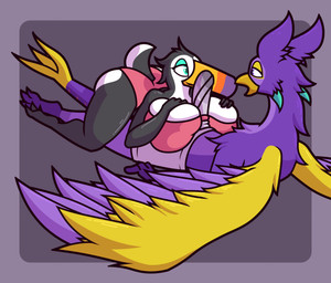 anthro beak big_beak big_breasts big_butt big_penis black_body black_feathers boxers_(clothing) bra breast_play breasts bulge butt claws closed_beak clothing clothing_bulge countershade_tail countershade_torso countershading detailed_bulge erection erection_under_clothing eye_contact eyeshadow feathers female genital_outline genitals gold_eyeshadow grey_boxers grey_clothing grey_underwear looking_at_another looking_pleasured makeup male male/female mouth_closed multicolored_body open_beak open_mouth panties pawpads paws penis penis_outline pink_bra pink_clothing pink_panties pink_pawpads pink_underwear purple_body purple_eyes purple_feathers sex spread_wings tail tail_claws teal_eyes teal_eyeshadow tenting thick_thighs through_clothing titfuck titfuck_over_clothes titfuck_under_clothes two_tone_body two_tone_tail underwear wet wet_clothing wet_underwear white_body white_sclera wings yellow_beak yellow_body yellow_feathers ikakins mythology kestrel_(ichlamogeneralhukari) avian bird gryphon mythological_avian mythological_creature toucan absurd_res hi_res