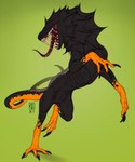 ambiguous_gender black_body black_claws black_frill black_tail bodily_fluids claws eyeless frill_(anatomy) green_background logo neck_frill open_mouth orange_body orange_tail quadruped red_tongue saliva saliva_string sharp_teeth simple_background solo tail teeth tongue tongue_out riorix monster 2021 artist_logo dated full-length_portrait hi_res portrait