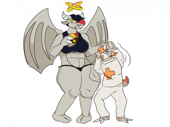 anthro bra bullying clothing duo female halo male male/female mask medical_instrument noogie scientific_instrument sports_bra sports_panties standing surgical_mask teasing underwear wings nova_prowler angel bovid caprine goat mammal hi_res