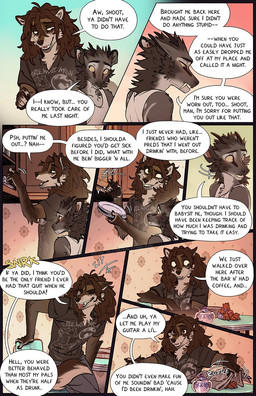 anthro biped black_nose blush brown_body brown_eyes brown_fur cabinet canine_teeth chair cheek_tuft clothed clothed_anthro clothing dialogue dining_table duo facial_tuft fluffy fluffy_tail fur furniture grey_body grey_fur hair head_tuft holding_newspaper holding_object holding_plate light_blush male newspaper on_chair onomatopoeia plate pointy_ears prick_ears sitting sitting_on_chair snout sound_effects speech_bubble standing table tail tan_body tan_fur text tongue tongue_out tuft tusks yellow_sclera falco_works indy_(justroadkill) pen_(falco_works) canid canine canis cervine coyote deer mammal tufted_deer 2026 comic digital_media_(artwork) english_text hi_res