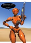 breasts brown_body crossgender desert dialogue female glistening glistening_body glistening_breasts gun hand_on_hip looking_at_viewer machine mtf_crossgender ranged_weapon red_eyes solo weapon spacemaxmarine star_wars star_wars:_knights_of_the_old_republic hk-47 hk-series_assassin_droid humanoid robot 2025 hi_res