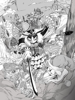 ambiguous_gender antennae_(anatomy) anthro armless biped blush blush_stickers castle cloud crown detailed_background determined duo female fight floating_hands floating_island headgear heart_symbol high-angle_view holding_melee_weapon holding_object holding_staff holding_sword holding_weapon legless melee_weapon mouthless petals rapier size_difference staff sword warp_star waterfall weapon wearing_hat mu-u_(artist) kirby:_triple_deluxe kirby_(series) nintendo kirby queen_sectonia sword_kirby arthropod hymenopteran insect waddling_head wasp 2024 3:4 detailed digital_drawing_(artwork) digital_media_(artwork) greyscale hi_res japanese_description monochrome