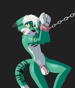 anthro balls bdsm biped bodily_fluids bondage bound chain chastity_cage chastity_cage_only chastity_device chastity_device_only cuff_(restraint) ears_down fur genital_fluids genitals green_body green_fur male male_anthro markings navel nude nude_anthro nude_male pink_chastity_cage pivoted_ears precum precum_bead pupils restraints simple_background slit_pupils solid_chastity_cage solo striped_markings striped_tail stripes tail tail_markings wearing_chastity_cage wearing_chastity_device whiskers wrist_cuffs stockingfan dan_(xiklord) felid mammal hi_res