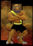 abs anthro armor athletic belt biceps big_muscles biped bottomwear brown_body brown_skin claws clothed clothing crossed_arms fangs green_eyes grin looking_at_viewer male muscular muscular_anthro muscular_male pecs pose scales shorts smile solo standing tail teeth toe_claws topless ridleydupree extreme_dinosaurs bad_rap dinosaur dromaeosaurid prehistoric_species reptile scalie theropod velociraptor hi_res