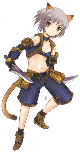 breasts brown_eyes clothing dagger dual_wielding female gloves grey_hair hair handwear holding_object holding_weapon knife melee_weapon midriff short_hair small_breasts solo tail thief weapon unknown_artist final_fantasy final_fantasy_xi square_enix the_melancholy_of_haruhi_suzumiya yuki_nagato animal_humanoid humanoid