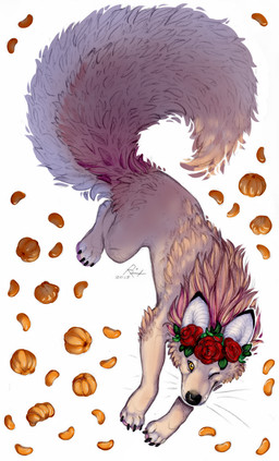 ambiguous_gender big_tail black_claws black_nose claws feral flower fluffy fluffy_tail fur glistening glistening_eyes one_eye_closed pawpads pink_pawpads plant red_flower rose_(flower) simple_background solo tail tan_body tan_fur whiskers white_background white_body white_fur yellow_eyes riorix canid canine fox mammal 2015 dated full-length_portrait portrait signature