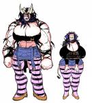 anthro big_breasts breasts clothed clothing duo female footwear high_heels horn huge_breasts hyper hyper_breasts legwear looking_at_viewer muscular pattern_clothing pattern_legwear shoes standing striped_clothing striped_legwear stripes laurel_dog european_mythology greek_mythology mythology bovid bovine humanoid hybrid mammal minotaur absurd_res hi_res