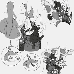 animal_genitalia anthro bodily_fluids cum cum_in_hair cum_in_mouth cum_inside cum_on_face cum_on_hand cum_on_penis duo genital_fluids genital_slit genitals hair licking machine male male/male oral penile penis penis_lick sex tongue a_simple_guy_hat dani_(julionoob100) aquatic fish protogen shark 1:1 hi_res monochrome