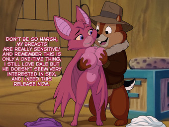 anthro areola breast_grab breasts brown_body brown_fur buckteeth cheating_girlfriend clothing coat dialogue duo feet female fur genitals hair hand_on_breast hat headgear headwear infidelity looking_pleasured male male/female membrane_(anatomy) membranous_wings navel nipples nude open_mouth smile standing tail teeth text toes topwear undressed vulva wings sfan chip_'n_dale_rescue_rangers disney chip_(disney) foxglove_(cdrr) bat chipmunk ground_squirrel mammal rodent sciurid digital_media_(artwork) english_text