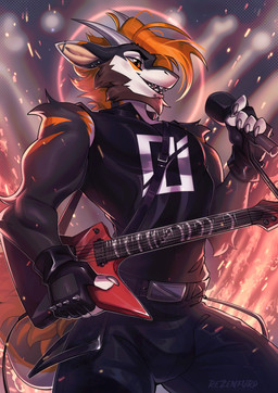anthro biped bottomwear bulge claws clothed clothed_anthro clothed_male clothing ear_piercing electric_guitar electronics facial_piercing fingerless_gloves fingers front_view fully_clothed fully_clothed_anthro fully_clothed_male gloves guitar hair handwear holding_microphone holding_object horn industrial_piercing lip_piercing male microphone multiple_piercings musical_instrument piercing plucked_string_instrument rocking_out snakebite_piercing solo standing string_instrument teeth tongue topwear tlt_echelon mythology christian_(shuffl3) dragon mythological_creature mythological_scalie scalie 2025 digital_drawing_(artwork) digital_media_(artwork) hi_res