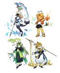 anthro asian_clothing black_body clothing east_asian_clothing green_body group kemono male simple_background weapon yellow_body shoko_contane felid feline fish lagomorph leporid lion lynx mammal marine pantherine rabbit shark hi_res