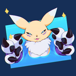 3_fingers ambiguous_gender anthro armwear black_body black_claws black_nose black_pawpads black_sclera blue_background blue_eyes breasts bridal_gauntlets claws clothing countershade_torso countershading digital_space electronics fangs fingers fur fur_markings happy long_ears looking_at_viewer markings monitor motion_lines neck_tuft open_mouth pawpads pink_tongue purple_body purple_clothing purple_fur simple_background smile solo sparkles sticker teeth text tongue tuft website white_body white_countershading white_fur yellow_body yellow_fur dclaret dclaretxrevolt bandai_namco digimon canid digimon_(species) mammal renamon alpha_channel artist_name colored digital_drawing_(artwork) digital_media_(artwork) shaded
