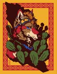 anthro blue_body blue_fur brown_body brown_fur cactus desert eyewear fur goggles hair male oatmeal orange_hair picture_frame plant red_body red_fur simple_background solo yellow_eyes momamo canid canine canis coyote mammal 2020 absurd_res bust_portrait hi_res portrait