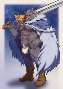 5_fingers anthro areola black_sclera bulge claws fingers holding_melee_weapon holding_object holding_sword holding_weapon inner_ear_fluff male melee_weapon muscular muscular_anthro muscular_male nipples purple_eyes scar solo sword tuft weapon orcakunart elden_ring fromsoftware blaidd_(elden_ring) canid canine canis mammal wolf absurd_res hi_res