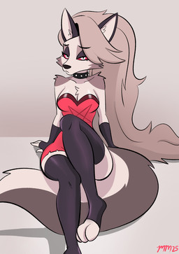 anthro armwear black_clothing black_gloves black_handwear black_legwear black_thigh_highs breasts chest_tuft clothed clothed_anthro clothed_female clothing collar digitigrade dress elbow_gloves eyebrow_through_hair eyebrows eyes_mostly_closed feet female fingerless_gloves fingers fluffy fluffy_tail front_view frown fur gloves grey_background grey_body grey_fur grey_hair hair handwear humanoid_hands legwear long_hair long_tail looking_at_viewer medium_breasts narrowed_eyes occult_symbol pentagram red_clothing red_dress red_sclera shadow shy simple_background sitting solo spiked_collar spikes symbol tail thigh_highs toes translucent translucent_hair tuft white_body white_eyes white_fur 49ersrule07 hellaverse helluva_boss mythology loona_(helluva_boss) canid canid_demon canine demon hellhound mammal mythological_canine mythological_creature 2025 colored full-length_portrait hi_res portrait shaded