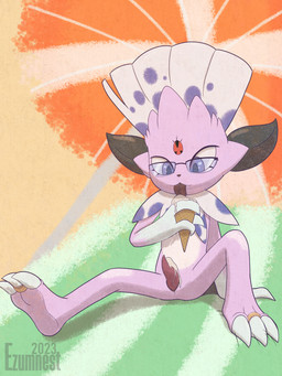 anthro beach blep claws dessert digit_ring eyewear feathers feet food genitals glasses ice_cream ice_cream_cone jewelry licking male penis pink_body purple_eyes ring seaside solo toe_ring toes tongue tongue_out ezumenest nintendo pokemon kerolink generation_4_pokemon pokemon_(species) weavile 3:4 hi_res
