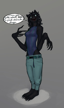 4_toes anthro barefoot biped black_body black_claws black_ears black_fur black_hair bottomwear breasts claws clothing dialogue feet female finger_claws fur grey_background hair leotard long_fingers long_hair looking_away open_mouth open_smile pants sharp_teeth simple_background smile solo speech_bubble standing teeth text tight_clothing toe_claws toes wavy_hair napalm_express missy_(napalm_express) mammal monster wolficus 2025 absurd_res english_text full-length_portrait hi_res portrait