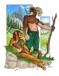 anthro black_nose bottomwear brown_body brown_fur brown_hair clothed clothing duo female fur grass hair loincloth male midriff mountain navel outside pink_nose plant red_hair stick tail tree foxene bighorn_sheep bovid caprine cougar felid feline mammal sheep hi_res