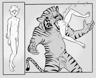 adolescent anthro balls duo ejaculation erection flaccid foreskin genitals glans male male/male nipples nude nude_male penis swallowed_alive swallowing vore young young_anthro young_male odinboy666 deer faun felid mammal pantherine tiger archived_source monochrome