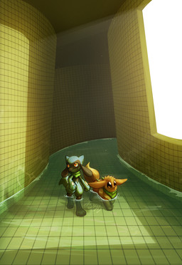 ambiguous_gender black_body black_fur blue_body blue_fur bodily_fluids brown_body brown_fur duo feral floor fur kerchief light light_beam liminal_spaces mane partially_submerged red_eyes sunbeam sunlight sweat sweatdrop tan_body tan_fur tile tile_floor tile_wall walking wall_(structure) water window applecharmstarhorse-acsh nintendo pokemon pokemon_mystery_dungeon poolrooms spike_chunsoft the_backrooms eevee generation_1_pokemon generation_4_pokemon pokemon_(species) riolu hi_res signature
