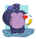 2_horns anthro ball beach_ball belly belly_overhang bent_arm bent_leg big_belly black_stripes blue_hair blue_horn blue_spines blue_tail blue_tail_tuft chest_tuft convenient_censorship eyes_closed fangs front_view fur hair hand_on_hip holding_beach_ball horn inflatable male moobs multicolored_body multicolored_fur navel nude_anthro nude_male obese obese_anthro obese_male overweight overweight_anthro overweight_male partially_submerged purple_body purple_fur short_hair simple_background solo spines striped_body striped_fur stripes tail tail_tuft teeth thin_eyebrows toothy_grin tuft water theannoyingnpc mythology starghezer dragon furred_dragon furred_scalie mythological_creature mythological_scalie scalie 2022 colored hi_res shaded simple_shading