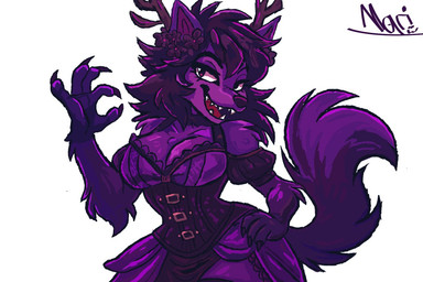 anthro big_tail breasts female fur hair looking_at_viewer medieval medium_breasts open_mouth purple_body purple_fur purple_hair smile solo tail thick_thighs wide_hips mariry01 mari_(mariry01) canid canine canis mammal wolf 3:2