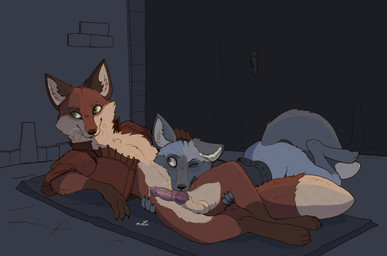 animal_genitalia animal_penis anthro balls bodily_fluids bottomless canine_genitalia canine_penis clothed clothing dipstick_tail duo erection fur genital_fluids genitals green_eyes grey_body grey_eyes grey_fur headpat leaking_precum licking looking_at_another looking_away lying lying_on_ground male male/male markings on_back on_ground one_eye_closed oral penile penis penis_lick precum red_body red_fur sex stone_wall tail tail_markings tongue tongue_out wall_(structure) white_tail_tip garbagegarage canid canine fox mammal red_fox silver_fox true_fox hi_res