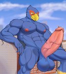 balls beak big_balls big_penis blue_body bodily_fluids building city erection genital_fluids genitals macro male micro_on_balls micro_on_chest micro_on_nipple micro_on_penis muscular muscular_male penis precum sitting worship led_owo nintendo star_fox falco_lombardi avian bird absurd_res hi_res