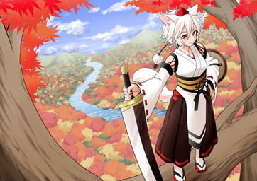 asian_clothing clothing day east_asian_clothing female footwear forest geta hair hat headgear headwear holding_melee_weapon holding_object holding_sword holding_weapon in_tree japanese_clothing kimono looking_at_viewer melee_weapon mountain plant red_clothing red_eyes red_footwear red_geta red_hat red_headwear river shield solo sword tail tokin_hat tree weapon white_clothing white_hair white_kimono white_sleeves white_tail urazasa touhou momiji_inubashiri animal_humanoid canid canid_humanoid canine canine_humanoid humanoid mammal mammal_humanoid wolf_humanoid