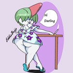 absurd_res big_butt butt clothed clothing dress eddiebrije female flower generation_3_pokemon green_hair hair hi_res horn humanoid looking_at_viewer markings mole_(marking) mole_on_butt nintendo not_furry orchid_(flower) plant pokemon pokemon_(species) ralts simple_background smile solo white_body wide_hips