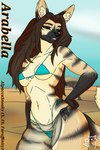 anthro bikini black_sclera blue_eyes breasts brown_hair camel_toe clothed clothing ear_piercing ear_ring female fur hair light_body light_fur long_hair nipple_outline piercing ring_piercing solo stripes swimwear topless two-piece_swimsuit alpaccasneaky arabella aardwolf hyena mammal hi_res