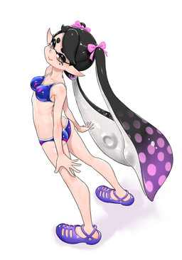 accessory bikini bow_ribbon butt clothing colored_edge_bikini female footwear hair_accessory hair_bow hair_ribbon humanoid_pointy_ears not_furry pointy_ears pseudo_hair ribbons sandals shoes simple_background smile solo swimwear tentacle_hair tentacles twintails_(hairstyle) two-piece_swimsuit white_background koharuno2 nintendo splatoon callie_(splatoon) aquatic cephalopod humanoid inkling mollusk hi_res