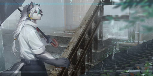 anthro black_nose bottomwear clothed clothing fur grey_body grey_bottomwear grey_clothing grey_fur grey_pants hair holding_object holding_umbrella male mouth_closed outside pants raining red_eyes solo stairs standing topwear umbrella white_body white_clothing white_fur white_hair white_topwear awaldkize canid mammal absurd_res hi_res