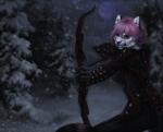 2019 5_fingers anthro arrow_(weapon) bethesda_softworks black_nose bow_(weapon) brown_eyes collaboration darzycat digital_media_(artwork) felid feline fingers hair holding_object holding_weapon mammal microsoft night particles pink_hair ranged_weapon raventenebris snow snowing solo standing the_elder_scrolls weapon