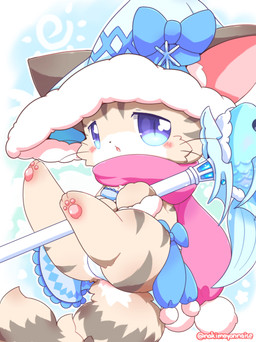 anthro bikini bikini_bottom bikini_top blue_eyes bottomwear clothed clothing female fur hat headgear headwear kemono magical_girl_outfit magical_girl_wand pawpads scarf skirt solo staff swimwear tan_body tan_fur two-piece_swimsuit wizard_hat nakimayo cat_busters mafumofu_(cat_busters) aquatic domestic_cat felid feline felis fish mammal absurd_res hi_res