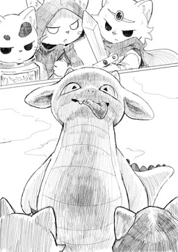 :< ambiguous_anthro ambiguous_gender anthro armor biped blep cape cheek_tuft cloak closed_frown clothed clothed_ambiguous clothed_anthro clothing cloud crown ears_up empty_eyes extreme_size_difference facial_tuft front_view frown fur furgonomic_headwear furgonomic_hood furgonomics group half-closed_eyes head_horn headgear headwear holding_melee_weapon holding_object holding_shield holding_sword holding_weapon hood_up hooded_cloak horn inner_ear_fluff larger_ambiguous looking_at_another looking_up_at_another low-angle_view melee_weapon metal_armor mouth_closed narrowed_eyes nude_ambiguous nude_anthro open_mouth outside pointy_ears prick_ears scales shield simple_background size_difference sky slightly_chubby slightly_chubby_ambiguous slightly_chubby_anthro smaller_ambiguous sword tail tail_ridge tapering_tail teeth tiara tongue tongue_out triangle_nose triangle_pupils tuft ventral_scales weapon whiskers demitasu mythology domestic_cat dragon felid feline felis mammal mythological_creature mythological_scalie scalie absurd_res comic first_page greyscale hatching_(art) hi_res japanese_description monochrome shaded sketch