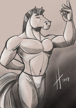 anthro athletic athletic_anthro athletic_male bottomwear clothed clothing male male_anthro mouth_closed narrowed_eyes navel pants pecs simple_background solo standing topless hufnaar equid equine horse mammal 2017 dated hi_res monochrome portrait sketch three-quarter_portrait