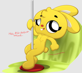 anthro breasts dancing female flat_chested fur grinding hair loli navel nipples nude open_mouth pole pole_dancing simple_background smile solo stripper_pole striptease text yellow_body yellow_fur young young_anthro polygon5 playkids mimi_(playkids) lagomorph leporid mammal rabbit digital_media_(artwork)