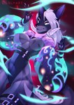 anthro breasts clothing cosmos effects energy female hair horn legwear long_hair long_tail neon quilted ribbons simple_background sleeves solo star swimwear tail tape tights white_eyes white_hair liloli_(artist) canid canine canis domestic_dog mammal wolf hi_res