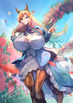 big_breasts blonde_hair blue_eyes blush breasts brown_body brown_fur clothed clothed_taur clothing dress female fur garden hair holding_fan holding_object horse_ears horse_tail long_hair looking_at_viewer noblewoman outside ribbons solo standing mink_rii european_mythology greek_mythology mythology estelle_bellegarde centaur equid equid_taur humanoid_taur mammal mammal_taur taur absurd_res hi_res