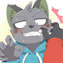 abstract_background anthro blue_clothing blue_hoodie blue_topwear bodily_fluids close-up clothing drooling duo fangs finger_in_mouth first_person_view fur grey_body grey_fur hand_in_mouth hoodie kemono male male/male red_clothing red_sweater red_topwear saliva sweater teeth topwear kemoizumi odd_taxi hajime_tanaka_(odd_taxi) shun_imai_(odd_taxi) cougar felid feline mammal mephitid skunk 1:1 2024 hi_res japanese_description