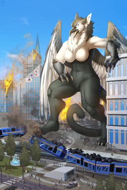 anthro biped city_destruction destruction extreme_size_difference female female_anthro macro macro_anthro macro_female paws size_difference solo train vehicle helaviskrew mythology avian gryphon mythological_avian mythological_creature colored hi_res